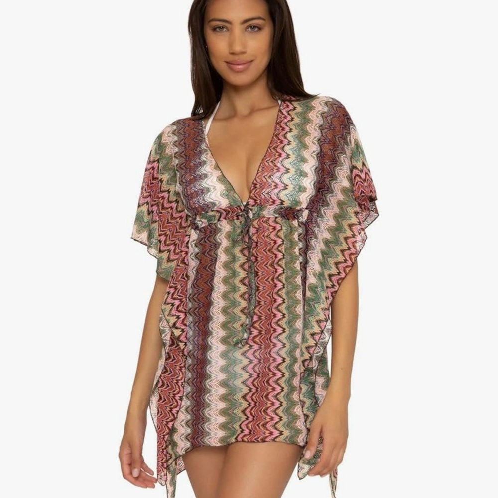 BECCA Red and Pink Swim Coverup with Zigzag Pattern